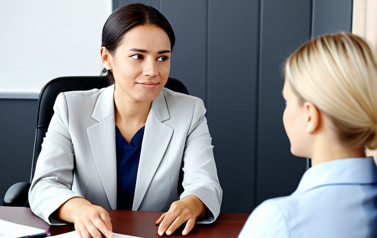 A compassionate female customer service professional in a modest, contemporary business suit, fully clothed, attentively listening to a diverse female customer. The customer is also fully clothed in appropriate, everyday attire, seated across a modern, well-lit desk in a bright, inviting office environment. The professional has a warm, understanding expression, conveying empathy and active listening. Professional photography, high resolution, perfect anatomy, correct proportions, natural pose, well-formed hands, proper finger count, natural body proportions. Safe for work, appropriate content, family-friendly.