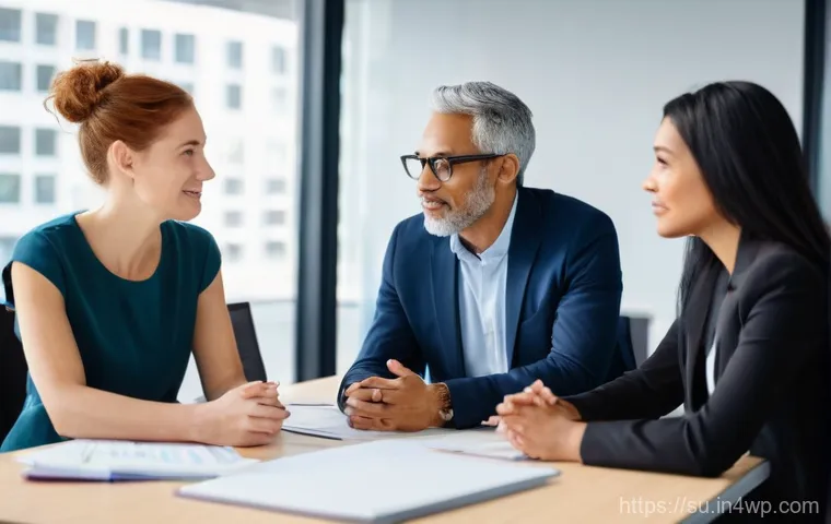 상황별 소통의 기본 원칙과 모범 사례 - **Prompt:** A diverse group of three colleagues, two women and one man, are deeply engaged in an emp...