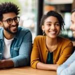 Home 5 상황별 소통의 시각적 요소 - **Prompt:** A diverse group of people engaged in a casual conversation in a brightly lit, modern caf...