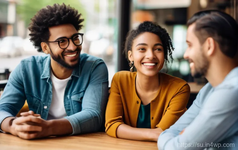 상황별 소통의 시각적 요소 - **Prompt:** A diverse group of people engaged in a casual conversation in a brightly lit, modern caf...