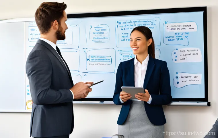 상황별 협력적 커뮤니케이션 기술 - **Prompt for Empathetic Listening:**
    A vibrant, sunlit modern office lounge where two colleagues...