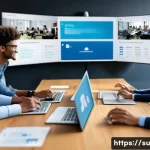 상황에 적합한 커뮤니케이션 도구 선정하기 - A modern office scene showing a diverse team of professionals engaged in a hybrid work environment, ...