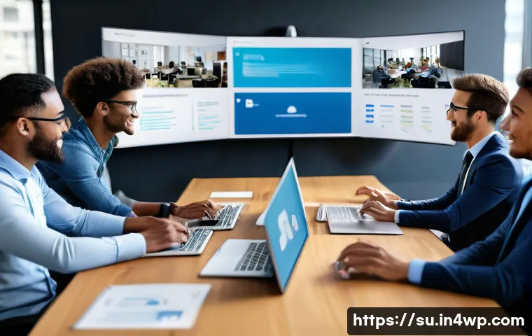 상황에 적합한 커뮤니케이션 도구 선정하기 - A modern office scene showing a diverse team of professionals engaged in a hybrid work environment, ...