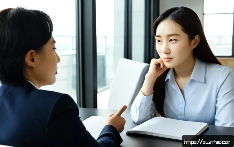 상황별 대화의 맥락 이해하기 - Photorealistic candid scene of two coworkers in a quiet office meeting, one speaking thoughtfully wh...